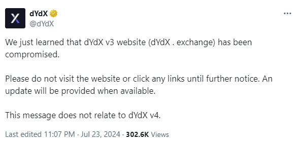 Thông báo hack của dYdX